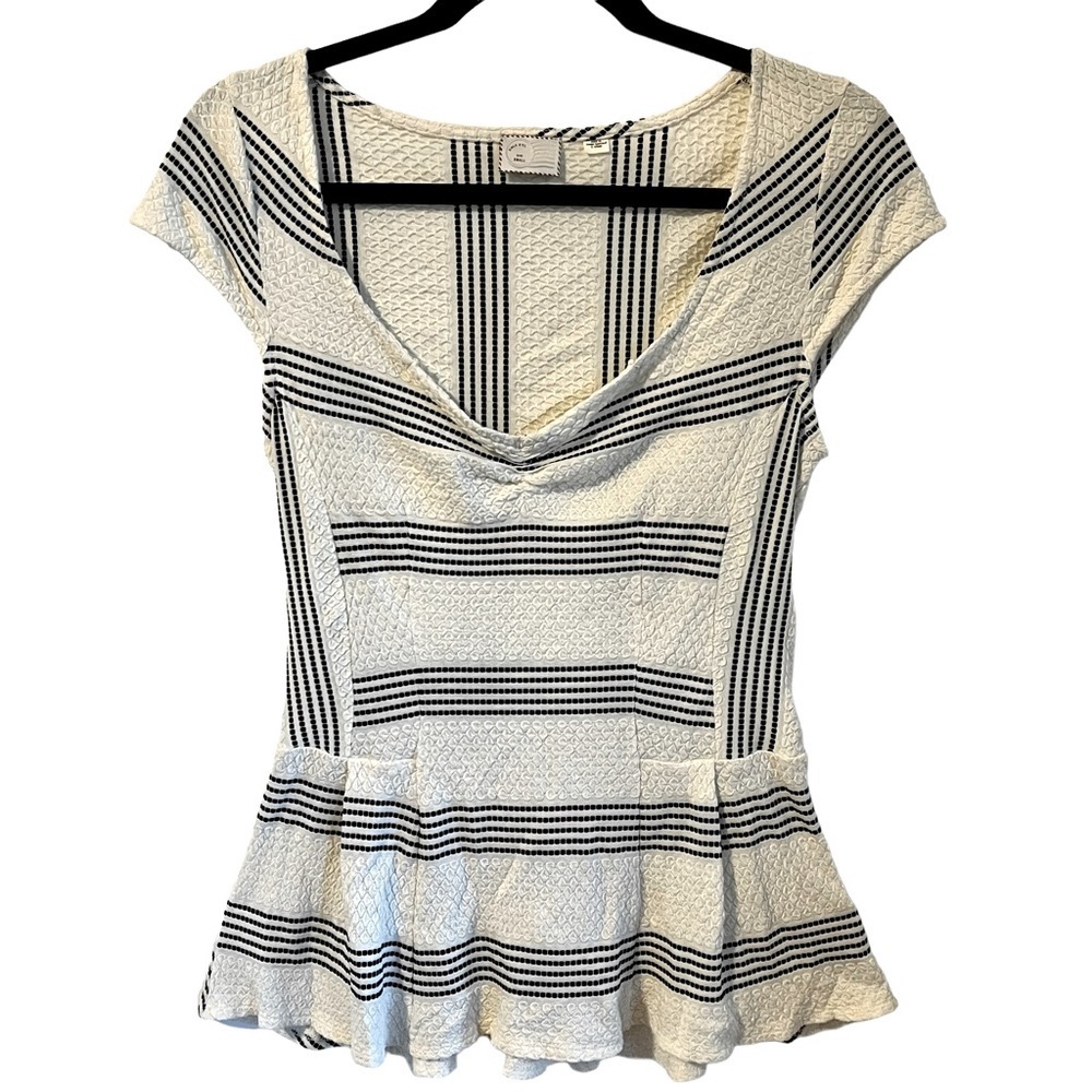 Anthropologie Postmark Monochromatic Striped Peplum Top S | Off White & Black